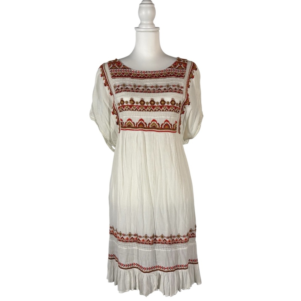 Free People Sunset Wanderer Embroidered Dress Women’s L Short Sleeve Boho Casual